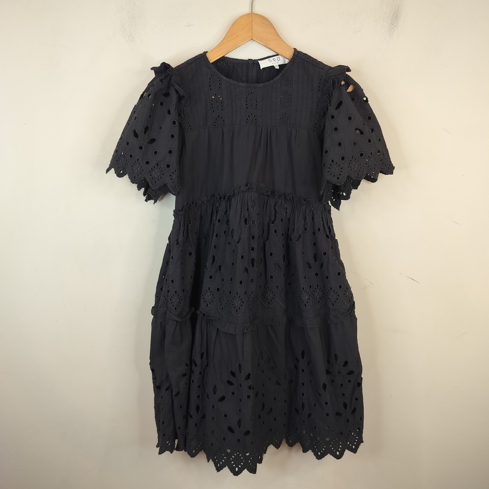 Sea New York Hazel Tiered Eyelet Dress XS Ruffle Short Sleeve Black Cotton